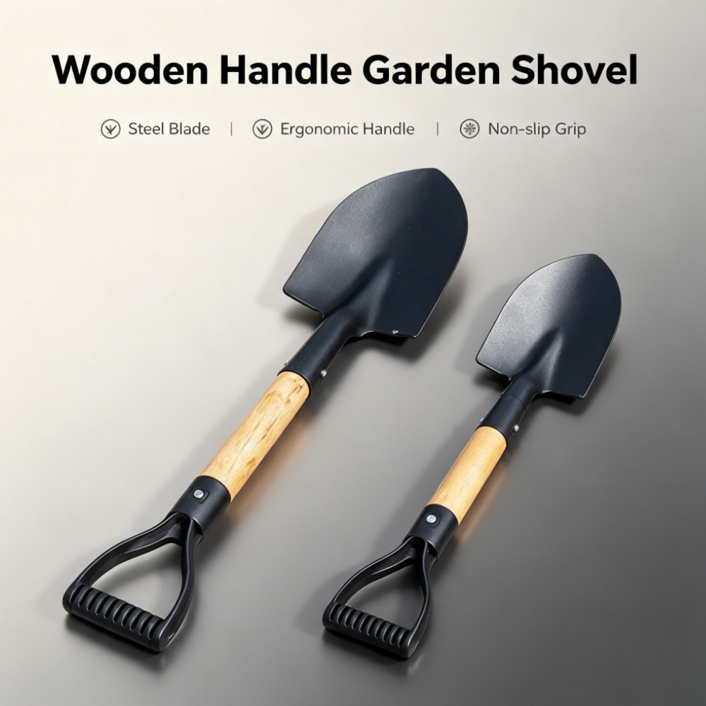 Gardening Tools Spade - พลั่วเหล็กกันสนิมด้ามไม้ธรรมชาติ, จอบทำสวนปลายแหลม, เครื่องมือจับถนัดมือกันลื่น